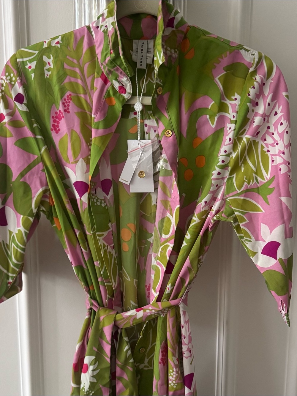 Trina Turk Pink & Lime Floral Button-Front Tie Dress Swim Coverup - Picture 3 of 9